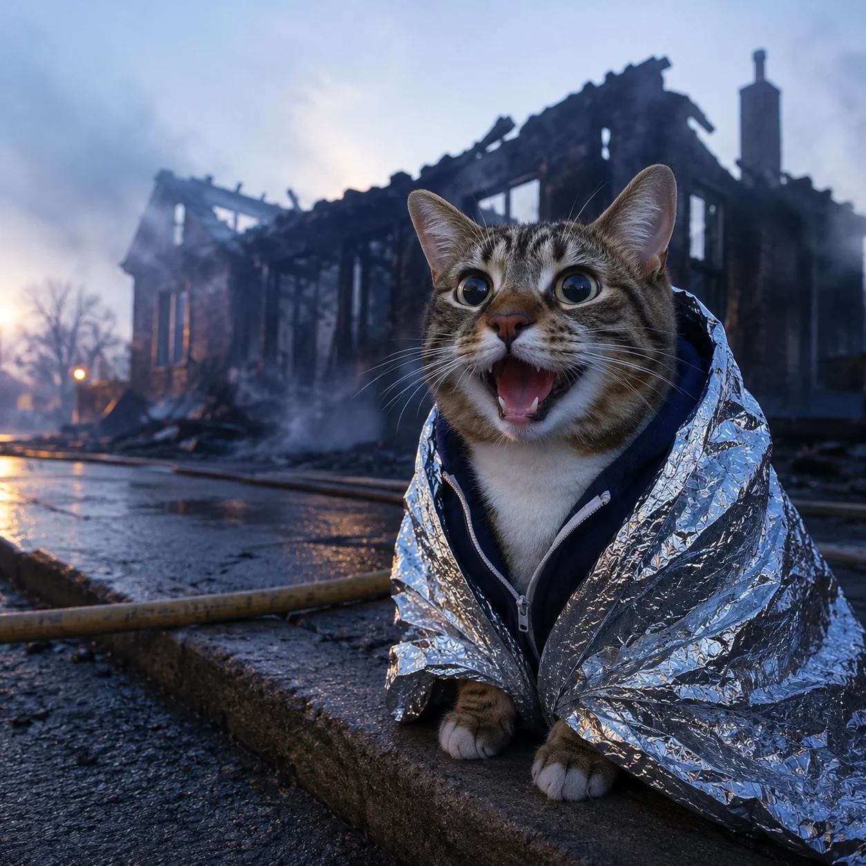 Him at dawn wrapped in a foil blanket outside the burned house