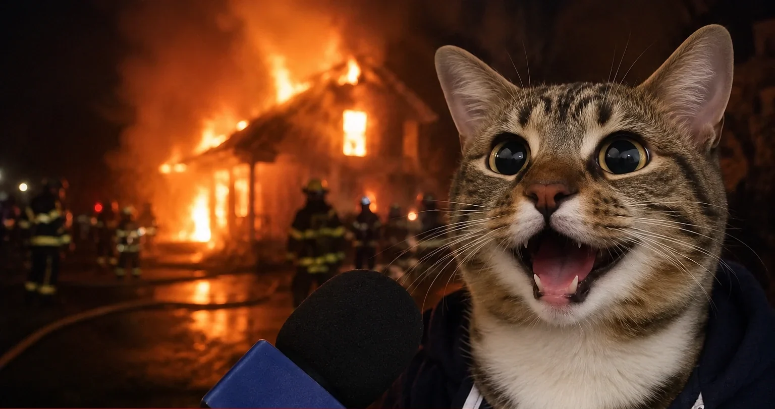 Best Night Ever Cat being interviewed in front of the fire